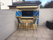 1.8m x 1.2m Garden Bar with blue painted hatch doors and bar stools