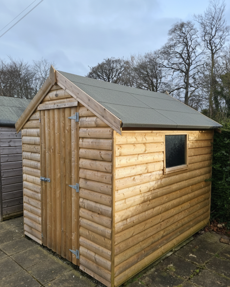 8ft x 6ft Standard Apex Garden Shed in Barrelboard pressure treated timber