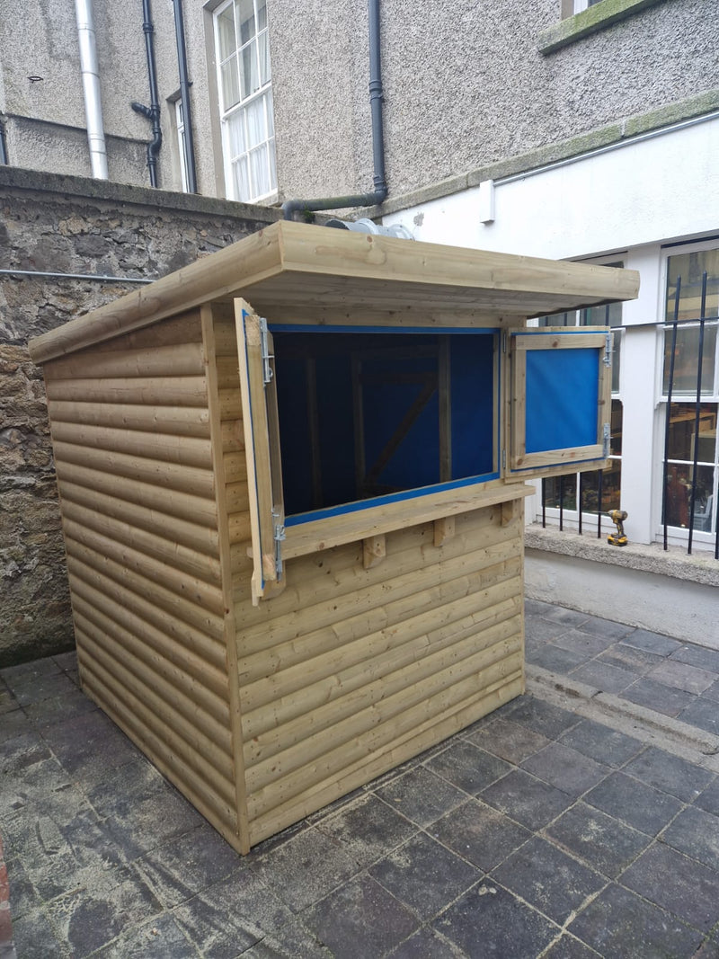1.8m x 1.8m Garden Bar in Barrelboard with hatch doors open, side view