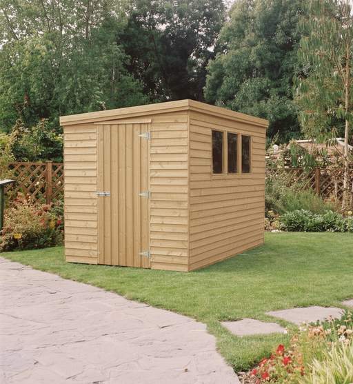 Cabin Garden Shed with single pitched roof and windows along the side