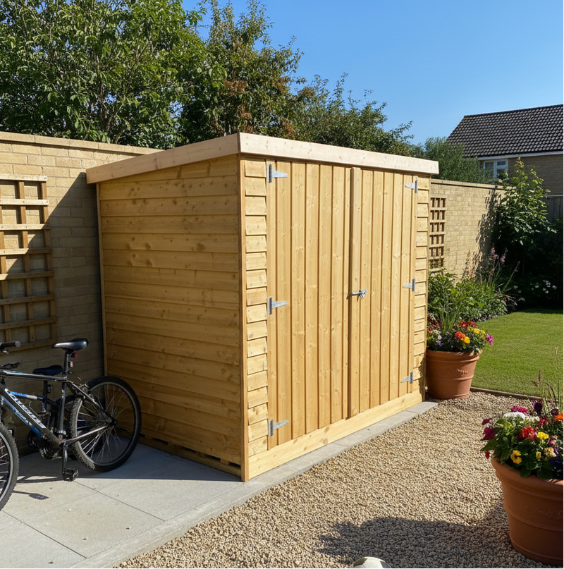 7ft x 4ft Bicycle Shed with double doors and pent roof, timber bike storage