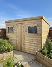Timore Cabin Shed with single pitched roof and a window on each side of the door