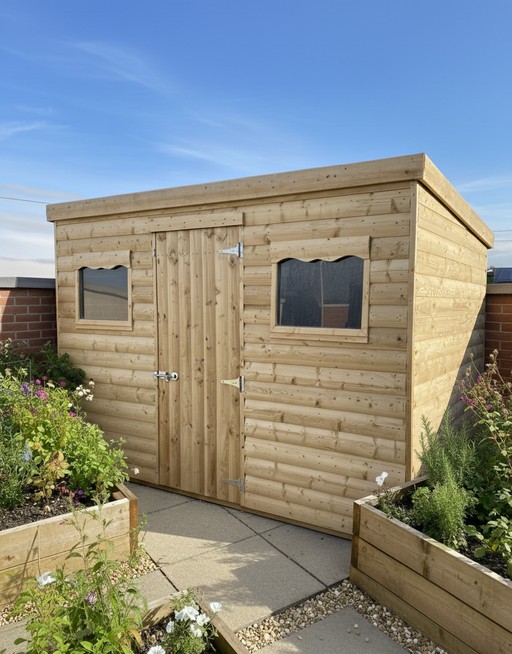 Timore Cabin Shed with single pitched roof and a window on each side of the door