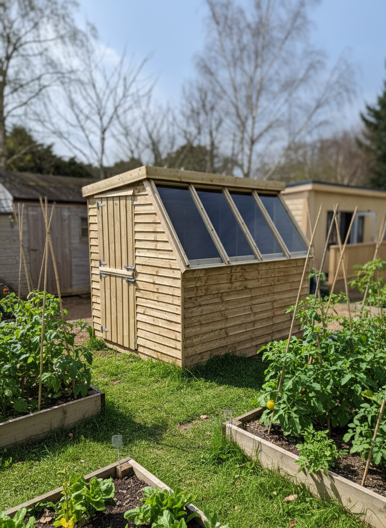 8ft x 6ft Potting Shed with a row of sloped glass windows along one side