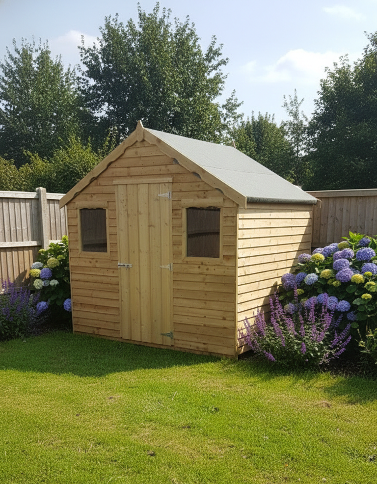 Timore Garden Shed, timber apex shed with two windows in a sunny garden