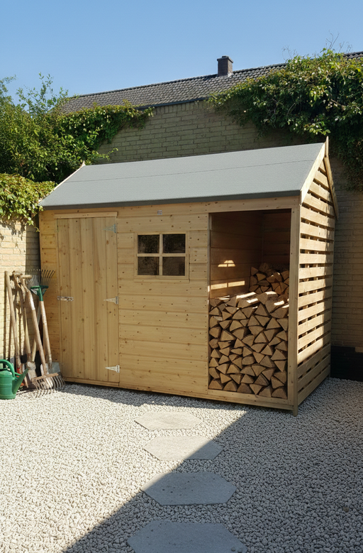 10ft x 6ft Log Store Shed with apex roof, storage shed and open log store side by side