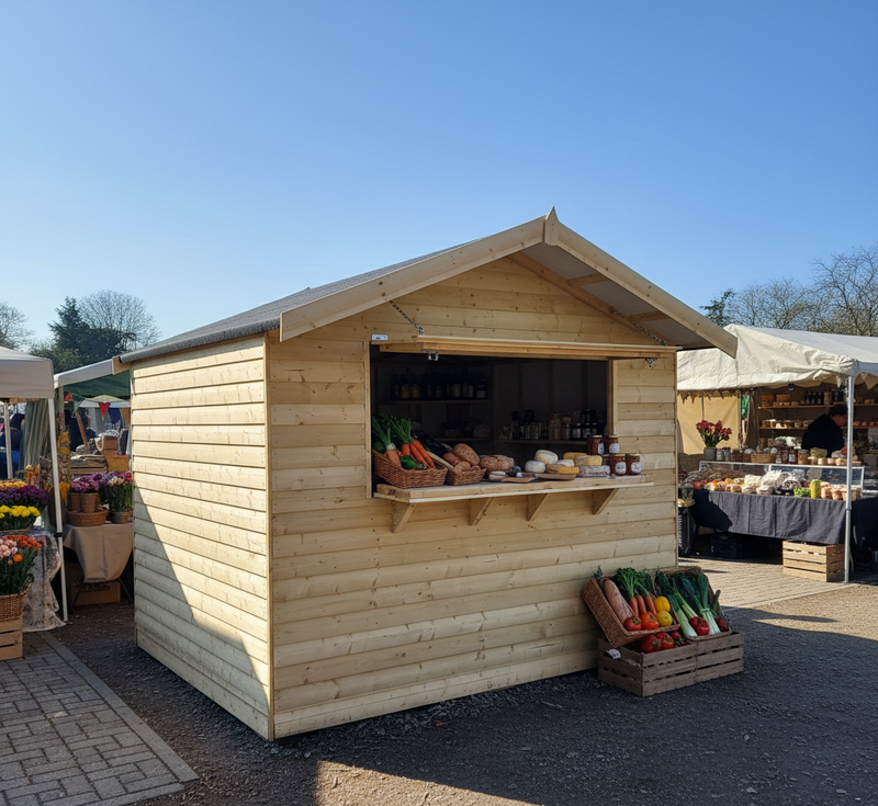 Timber Kiosk Shed with serving hatch and counter, used as a market stall