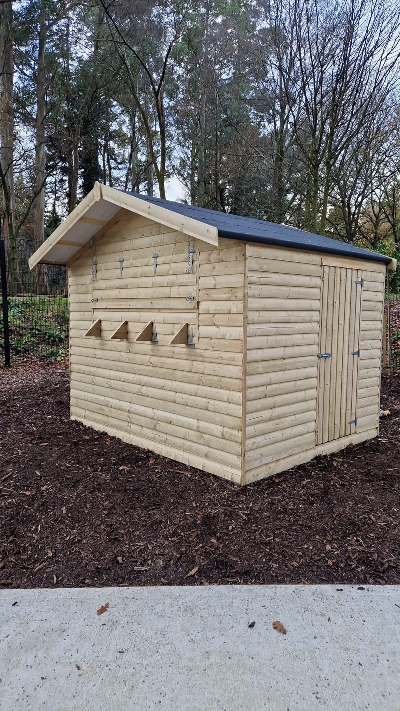 Kiosk Shed with serving hatch closed, apex roof and side door