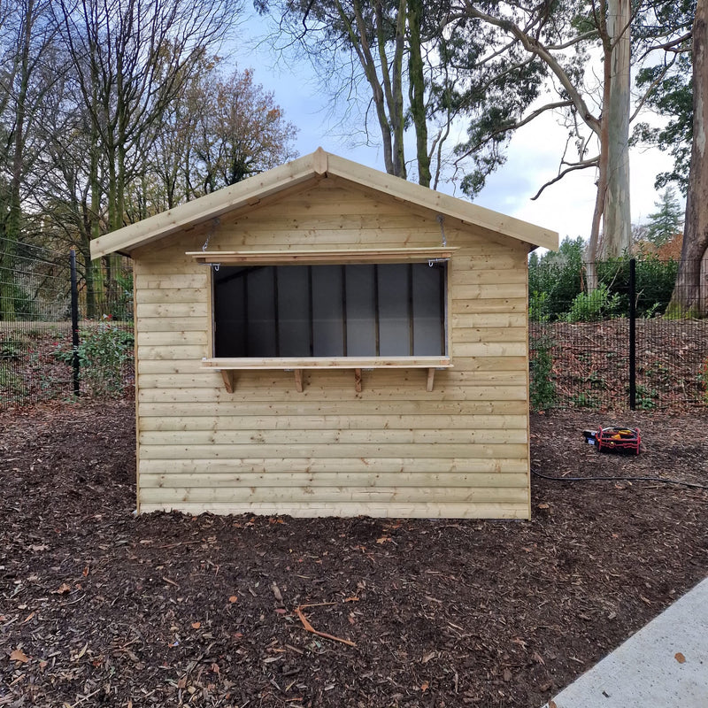 Kiosk Shed with glazed serving window and counter shelf, front view
