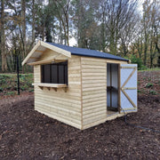 Kiosk Shed with front serving hatch and ledged side door, pressure treated timber