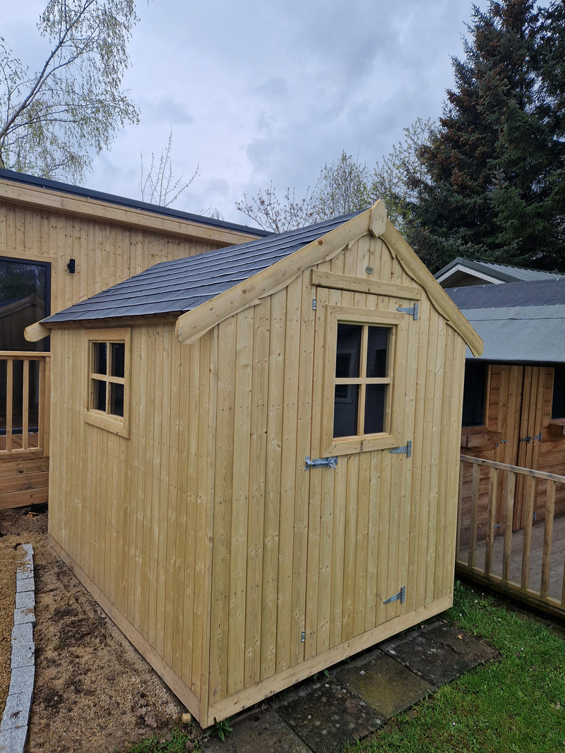 8ft x 6ft Vartry Garden Shed in pressure treated timber with shingle roof and Georgian windows