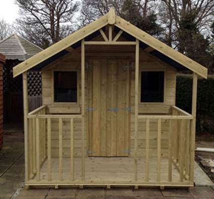 Chalet Garden Shed with split doors, window boxes and veranda, front view