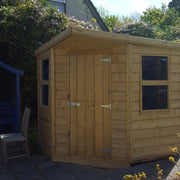 Corner Garden Shed with double doors and windows on both angled sides