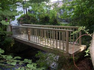 Wooden footbridge with a forest background over a river